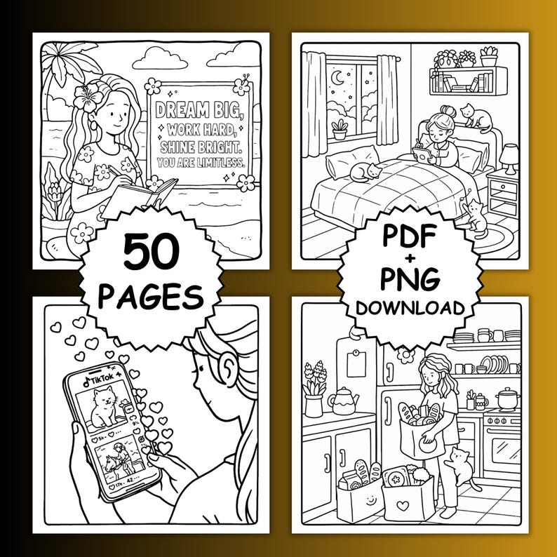 Cozy Girl Moments Coloring Book, Bold and Easy Coloring, Printable Coloring, iPad, Procreate, Girl Moments Coloring Pages Coco wyo Coloring image 4