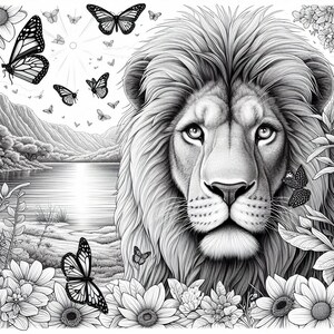 May include: A black and white illustration of a lion's face with a serene expression. The lion is surrounded by a lush landscape with a lake and butterflies.