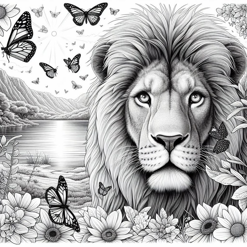 May include: A black and white illustration of a lion's face with a serene expression. The lion is surrounded by a lush landscape with a lake and butterflies.