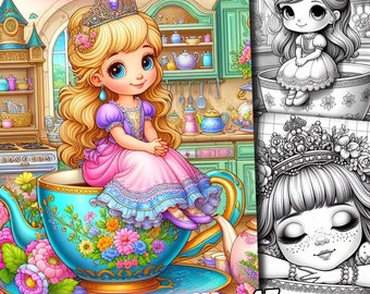 47 schattige prinses fantasie in theekopje kleuren, kleurplaten boek sprookjesprinsessen Assepoester voor meisje volwassenen kinderen grijswaarden downloaden