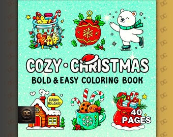 May include: A square coloring book with a teal background and the words "COZY CHRISTMAS" in large white letters. The book features illustrations of Christmas cookies, ornaments, a polar bear, and a gift bag. The book has 40 pages.