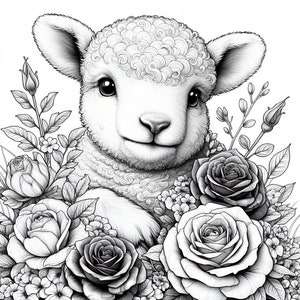 May include: A black and white illustration of a cute lamb with curly fur, surrounded by roses and other flowers.