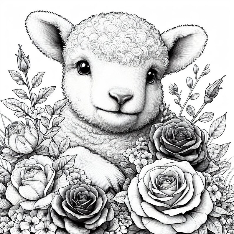 May include: A black and white illustration of a cute lamb with curly fur, surrounded by roses and other flowers.