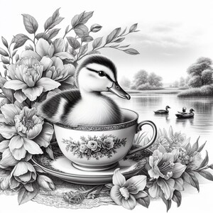 May include: Black and white illustration of a duckling in a teacup, surrounded by flowers and foliage. The teacup and saucer have floral patterns. Ducks swim in the background on a lake. The image is a detailed, artistic rendering.