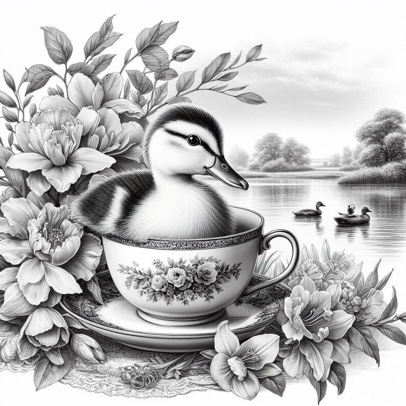 May include: Black and white illustration of a duckling in a teacup, surrounded by flowers and foliage. The teacup and saucer have floral patterns. Ducks swim in the background on a lake. The image is a detailed, artistic rendering.