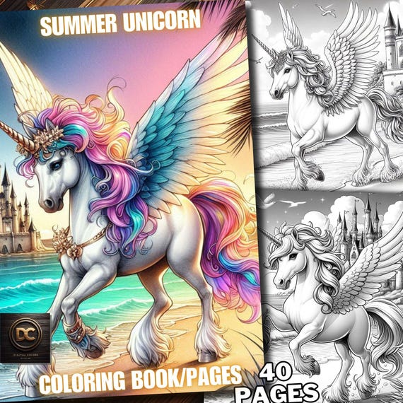 40 Summer Unicorn Coloring Pages, Unicorn Coloring Book, Enchanted & Magical Unicorns Fantasy Grayscale Coloring Adult Kids Printable Pdf