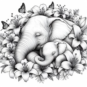 K&ouml;nnte beinhalten: Eine Schwarzwei&szlig;illustration einer Elefantenmutter und ihrem Elefantenbaby, die zusammen schlafen, umgeben von Lilien und Schmetterlingen.