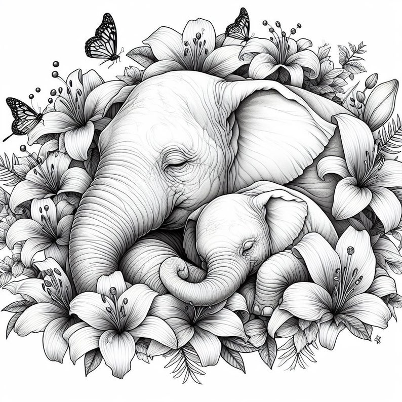 K&ouml;nnte beinhalten: Eine Schwarzwei&szlig;illustration einer Elefantenmutter und ihrem Elefantenbaby, die zusammen schlafen, umgeben von Lilien und Schmetterlingen.