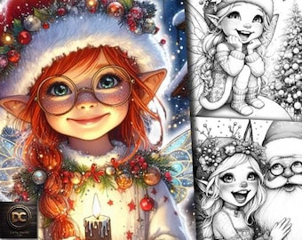 May include: A coloring book titled "Little Christmas Fairy" features a smiling fairy with red hair, glasses, and a festive hat. The cover art includes a lit candle and decorative elements. Additional black and white illustrations are also shown.