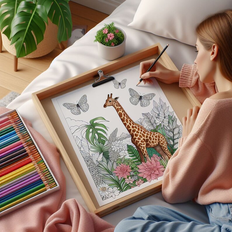 May include: A woman colors a detailed line drawing of a giraffe in a jungle setting. The drawing is framed in a wooden frame and is on a white bed. The woman is using colored pencils to color the drawing.