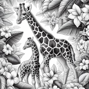 May include: A black and white illustration of a mother giraffe and her baby giraffe standing in a jungle setting. The giraffes are surrounded by lush foliage and flowers.