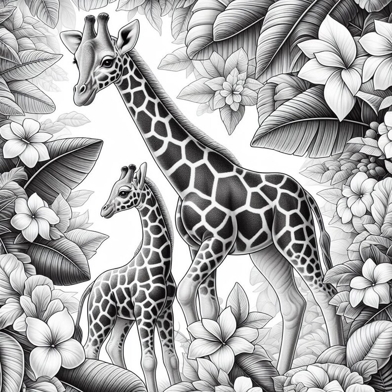 May include: A black and white illustration of a mother giraffe and her baby giraffe standing in a jungle setting. The giraffes are surrounded by lush foliage and flowers.