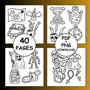 Puede incluir: Ilustraciones en blanco y negro de objetos tem&aacute;ticos de Halloween, incluyendo un fantasma, un mapa del tesoro, una vela de murci&eacute;lago, un reloj de arena, una botella de poci&oacute;n, una calavera, una br&uacute;jula, un esqueleto y m&aacute;s. Tambi&eacute;n se incluye el texto "40 PAGES" y "PDF + PNG DOWNLOAD".