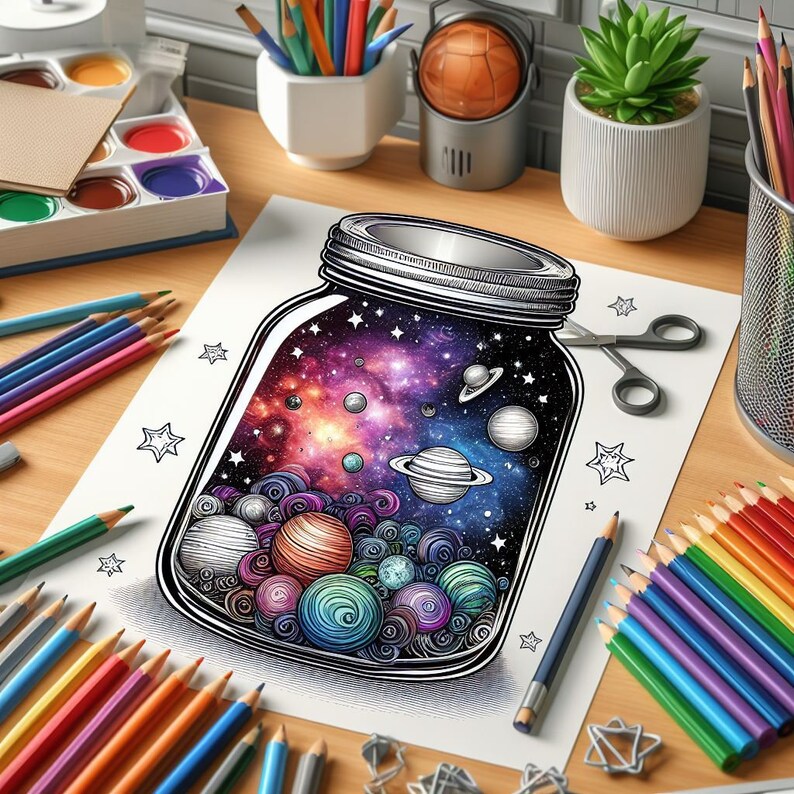May include: A black and white line drawing of a glass jar filled with a galaxy, planets, and stars. The jar is on a white sheet of paper with colored pencils and other art supplies around it.