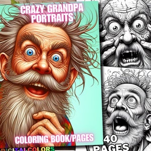 Può includere: Un libro da colorare con il titolo "Crazy Grandpa Portraits" e un'immagine di copertina di un nonno dei cartoni animati con un'espressione sorpresa. Il libro ha 40 pagine ed è per adulti.