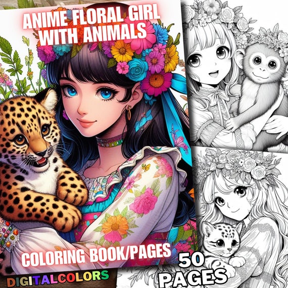 50 Anime Coloring Pages, Animal Coloring Pages, Girl coloring book, grayscale designs of floral anime girls with animals for adults and kids