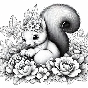May include: A black and white illustration of a cute squirrel wearing a flower crown and sitting in a bed of flowers.