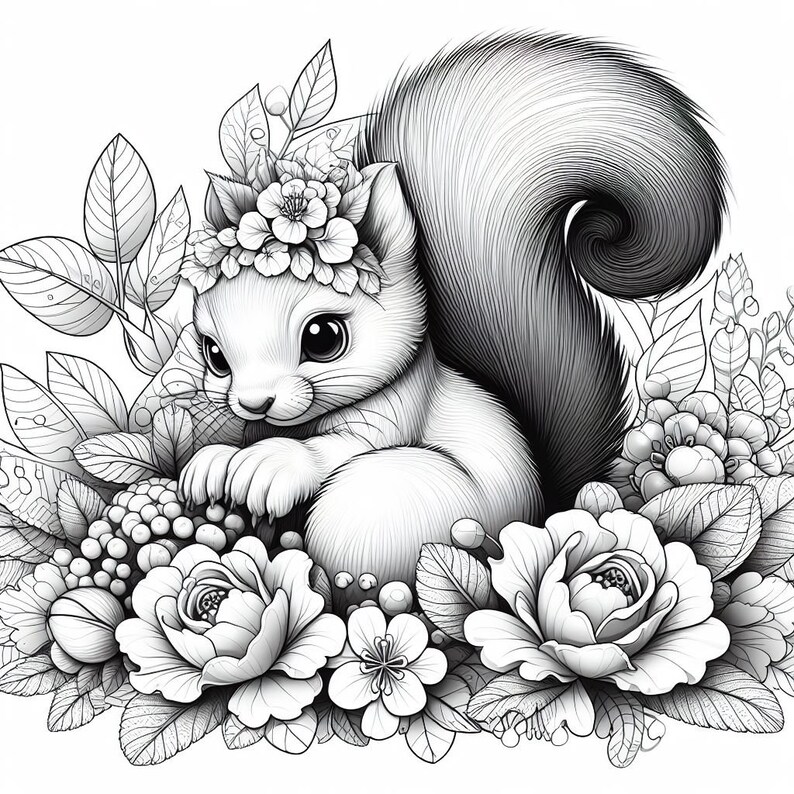 May include: A black and white illustration of a cute squirrel wearing a flower crown and sitting in a bed of flowers.