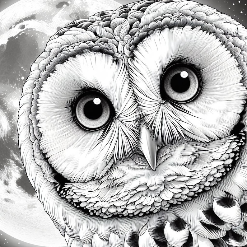 May include: A black and white illustration of an owl with large, round eyes. The owl is looking directly at the viewer. The owl's feathers are detailed and realistic.