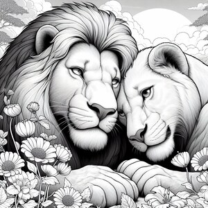 May include: A black and white illustration of a lion and lioness cuddling in a field of flowers.