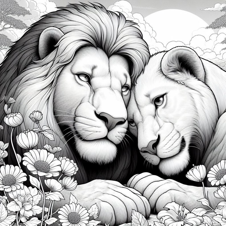 May include: A black and white illustration of a lion and lioness cuddling in a field of flowers.