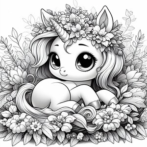 May include: A black and white line drawing of a cute unicorn with large eyes, wearing a flower crown and nestled in a bed of flowers.