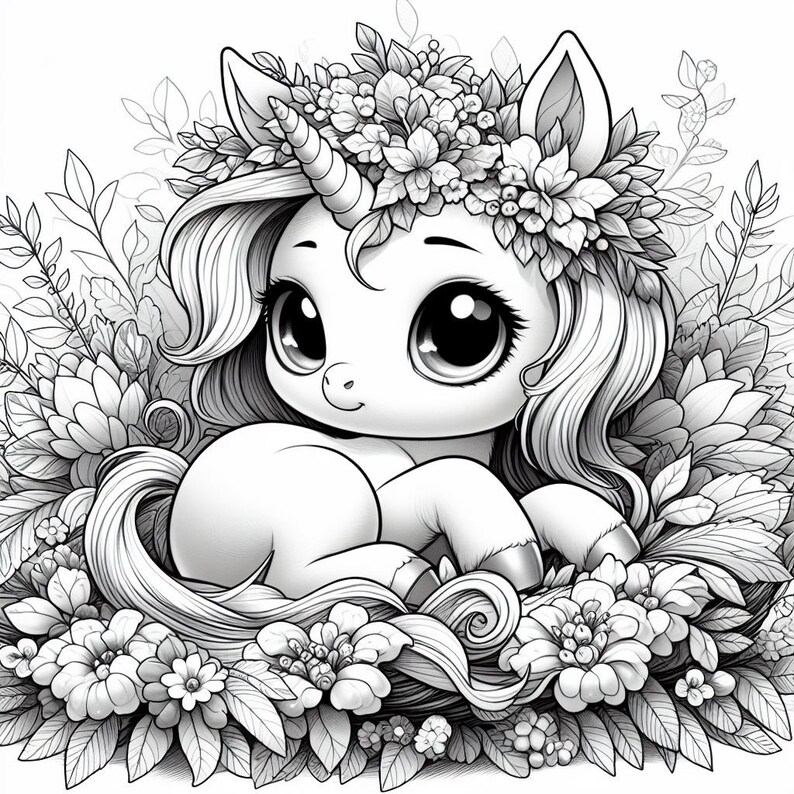 May include: A black and white line drawing of a cute unicorn with large eyes, wearing a flower crown and nestled in a bed of flowers.