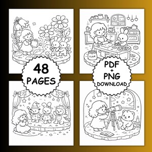 以下が含まれることがあります： 4つの白黒イラストが特徴のデジタルダウンロード。パネルには、花の水やり、ベーキング、舞台公演、星空観察など、子供と動物のシーンが描かれています。中央の画像には「48 PAGES」と書かれています。