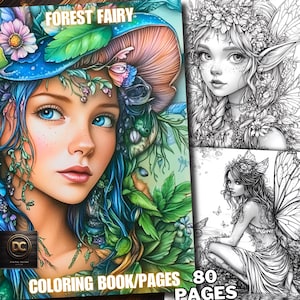 Könnte beinhalten: Ein "Forest Fairy" Malbuch mit 80 Seiten. Das Cover zeigt eine detaillierte Illustration einer Frau mit blauen Haaren und Augen, die einen pilzförmigen Hut trägt. Zusätzliche Feenillustrationen sind abgebildet.