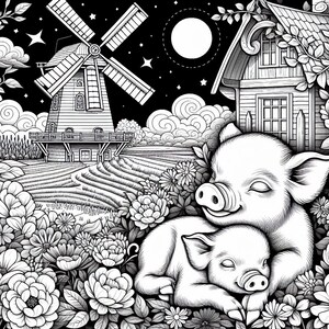 May include: A black and white illustration of two piglets sleeping in a field of flowers. A windmill and a small house are in the background.