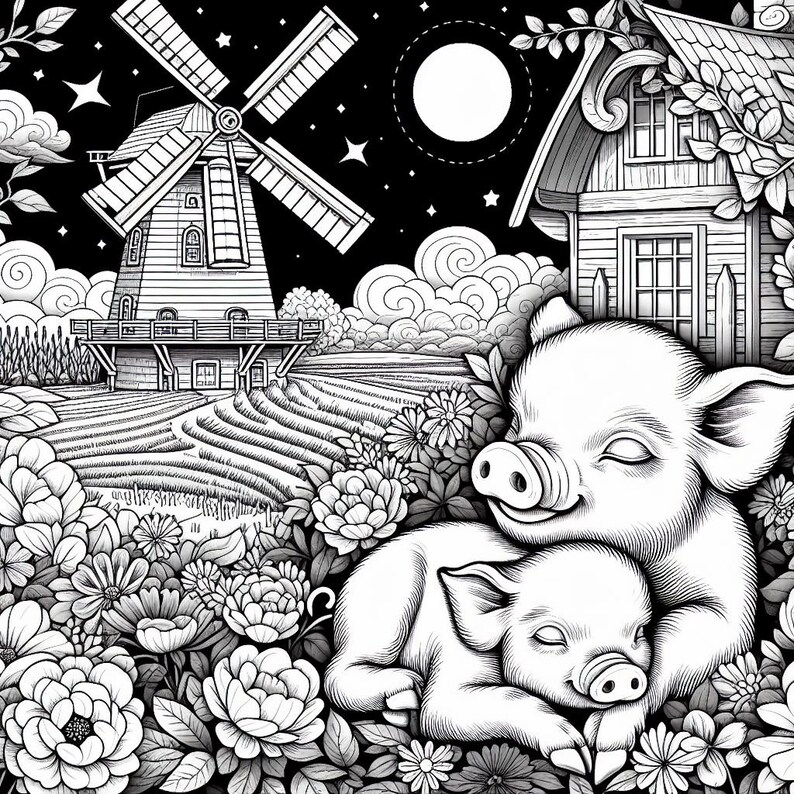 May include: A black and white illustration of two piglets sleeping in a field of flowers. A windmill and a small house are in the background.