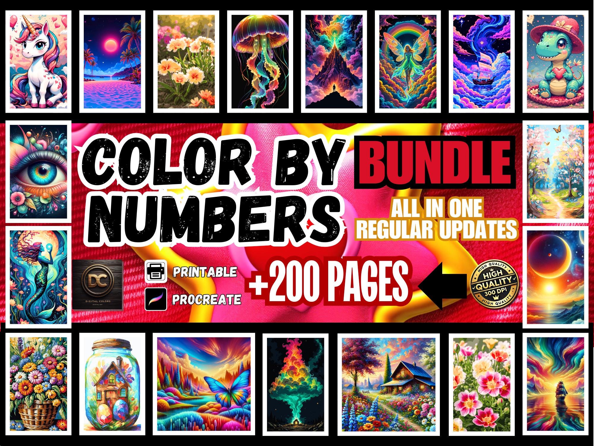 200+ Color by Numbers Coloring Pages Bundle for iPad and Procreate | Digital Paint by Numbers for Adults - Image 1