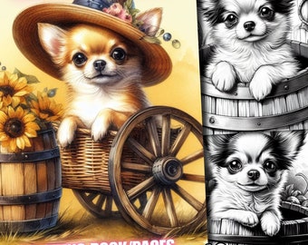 40 Cane Chihuahua in un barile, Cani Chihuahua in un barile Libro da colorare, Pagine da colorare in scala di grigi per bambini adulti Scarica stampabile