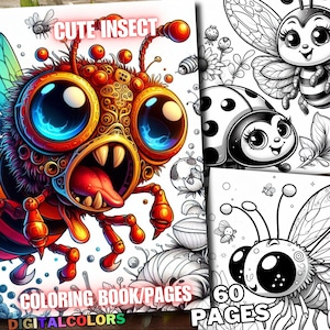 Puede incluir: Un libro para colorear con 60 páginas que presenta ilustraciones de insectos lindos. La portada presenta una abeja de dibujos animados colorida con ojos grandes y una sonrisa de dientes. El texto "Cute Insect Coloring Book/Pages" está impreso en la portada.