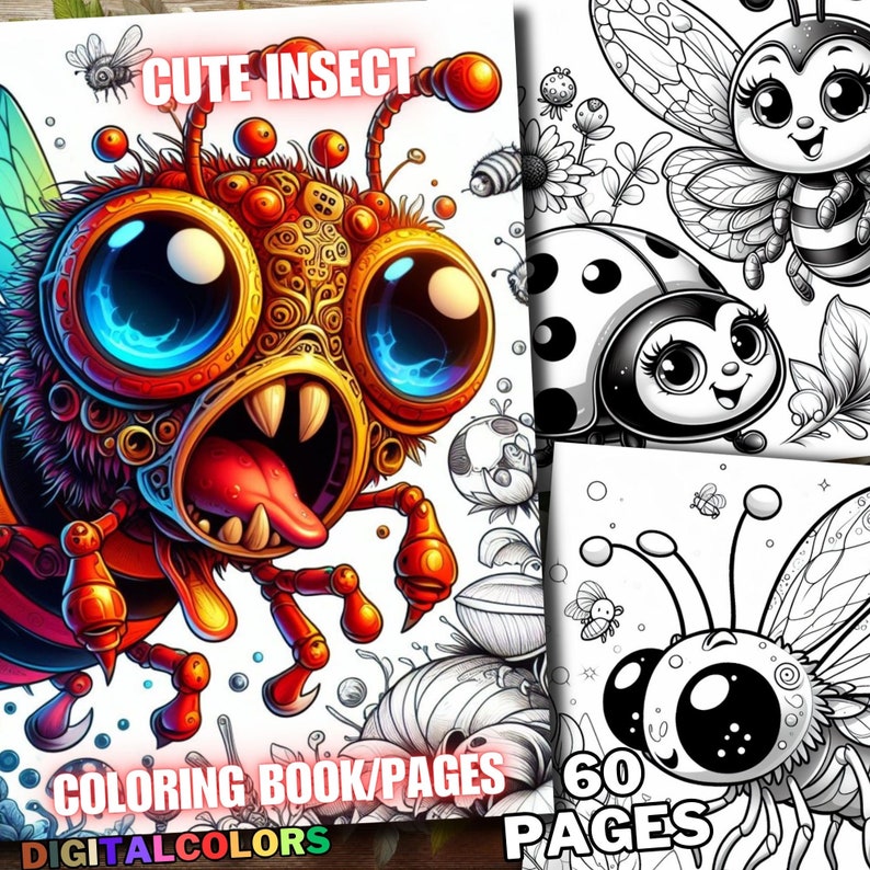 May include: A coloring book with 60 pages featuring cute insect illustrations. The cover features a colorful cartoon bee with large eyes and a toothy grin. The text "Cute Insect Coloring Book/Pages" is printed on the cover.