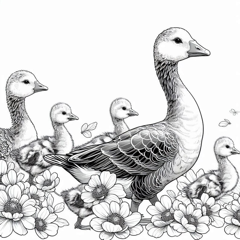 May include: A black and white illustration of a goose with five goslings walking through a field of flowers. The goose is in the center of the image and the goslings are surrounding it. The flowers are in bloom and have white petals.