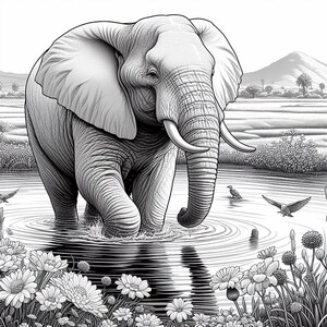K&ouml;nnte beinhalten: Eine Schwarzwei&szlig;illustration eines Elefanten, der in einem Gew&auml;sser steht und seinen R&uuml;ssel erhoben hat. Der Elefant ist von Blumen und Pflanzen umgeben.