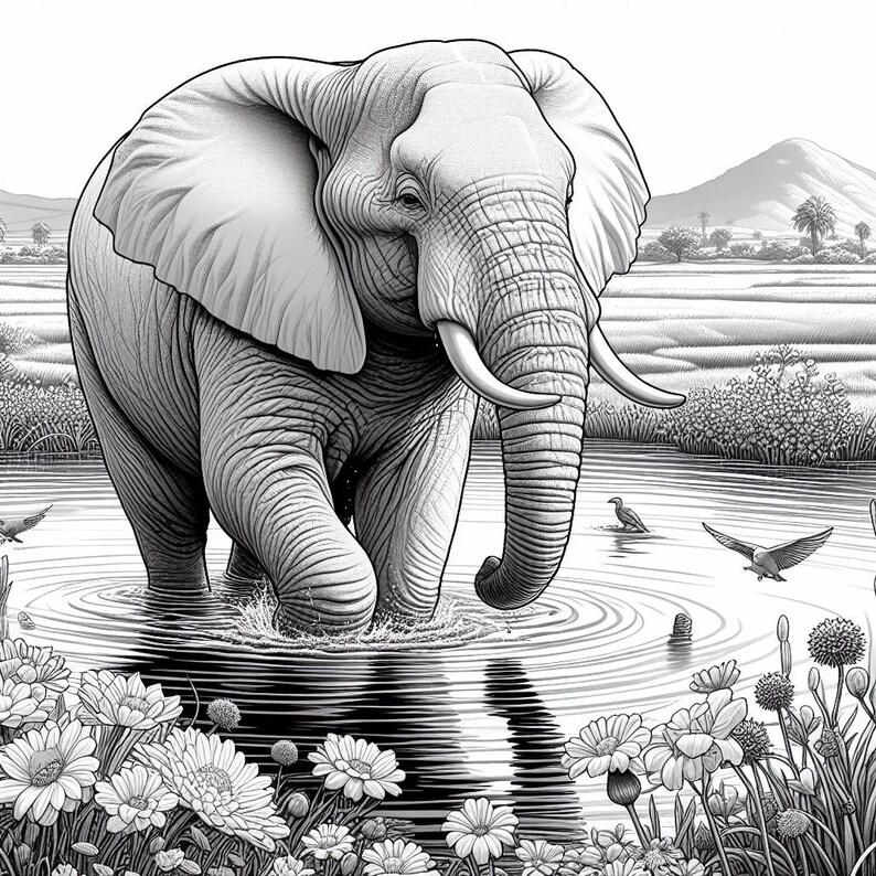 K&ouml;nnte beinhalten: Eine Schwarzwei&szlig;illustration eines Elefanten, der in einem Gew&auml;sser steht und seinen R&uuml;ssel erhoben hat. Der Elefant ist von Blumen und Pflanzen umgeben.