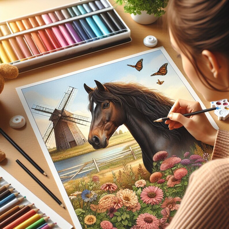 May include: A brown horse with a black mane and tail stands in a field of pink and purple flowers. A windmill is in the background. Two orange butterflies are flying in the sky.