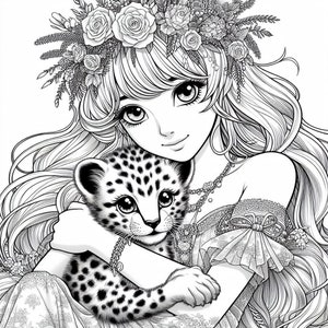 May include: A black and white line drawing of a young woman with long hair wearing a flower crown and holding a small spotted leopard cub.