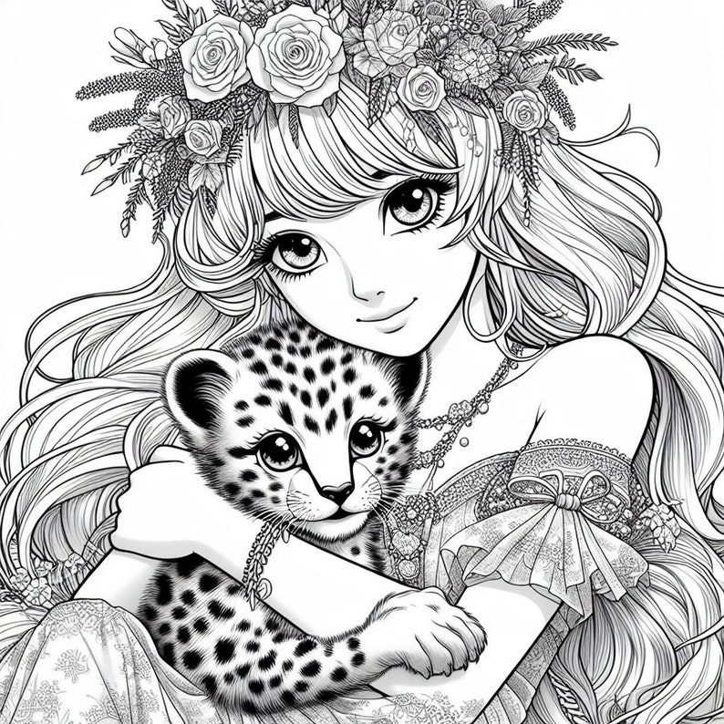 May include: A black and white line drawing of a young woman with long hair wearing a flower crown and holding a small spotted leopard cub.