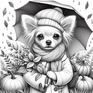 May include: A black and white illustration of a chihuahua wearing a knitted hat and scarf, holding an umbrella and a bouquet of flowers. The chihuahua is standing in front of a basket of pumpkins.