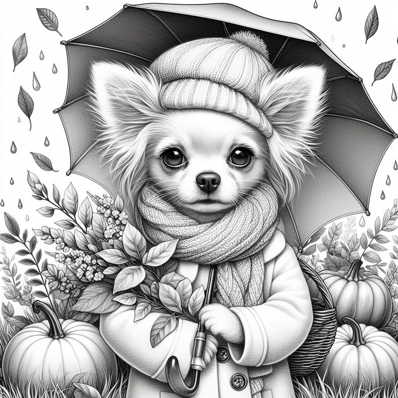 May include: A black and white illustration of a chihuahua wearing a knitted hat and scarf, holding an umbrella and a bouquet of flowers. The chihuahua is standing in front of a basket of pumpkins.