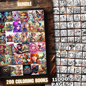 Puede incluir: Un paquete de 200 libros para colorear con 1100 páginas. La portada presenta un collage colorido de imágenes, incluyendo animales, flores y personas. La parte posterior del paquete muestra una cuadrícula de páginas para colorear en blanco y negro.