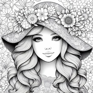 May include: Black and white illustration of a woman with long, wavy hair wearing a wide-brimmed hat adorned with floral embellishments. The background is filled with floral patterns, creating a cohesive and detailed design.
