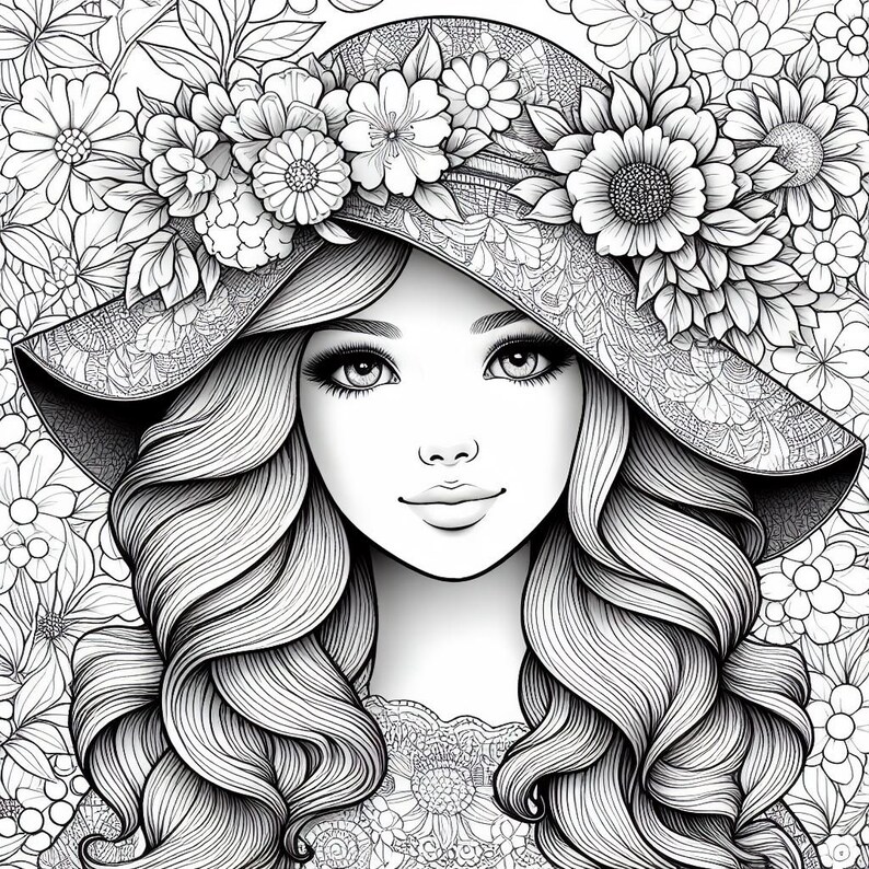 May include: Black and white illustration of a woman with long, wavy hair wearing a wide-brimmed hat adorned with floral embellishments. The background is filled with floral patterns, creating a cohesive and detailed design.