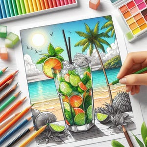 May include: A vibrant colored pencil drawing of a refreshing cocktail with lime and orange slices, mint, and ice in a tall glass. The tropical scene includes a beach, palm trees, and a sunny sky. Colored pencils and watercolor paints surround the drawing.