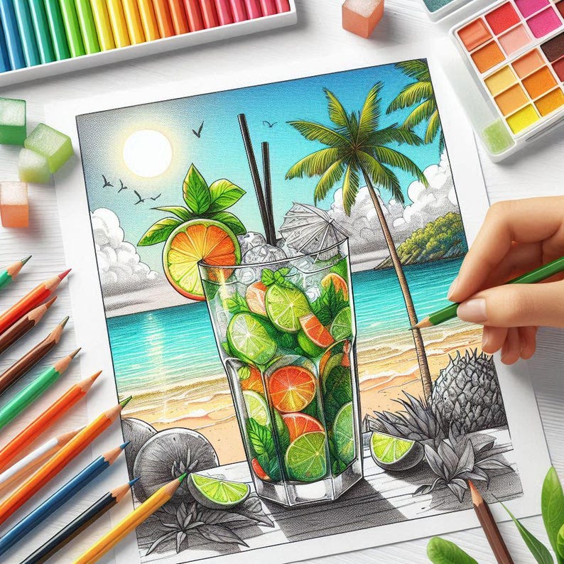 May include: A vibrant colored pencil drawing of a refreshing cocktail with lime and orange slices, mint, and ice in a tall glass. The tropical scene includes a beach, palm trees, and a sunny sky. Colored pencils and watercolor paints surround the drawing.