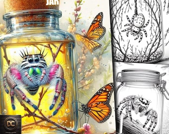 46 páginas para colorir jarra de aranha saltadora, livro para colorir de aranha, fantasia em escala de cinza para colorir animais para adultos e crianças Baixar PDF para impressão