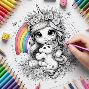May include: A black and white illustration of a girl with a unicorn. The girl is wearing a flower crown and has long hair. The unicorn is standing on its hind legs and has a horn. The illustration is surrounded by flowers and a rainbow.